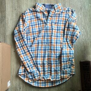 Button down long sleeve blue and orange plaid shirt